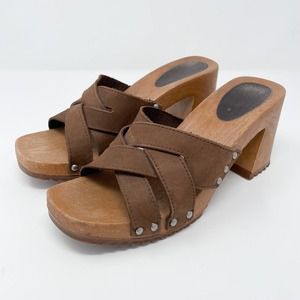 VINTAGE The Leather Collection Brown Square Toe Clog Wood Heels